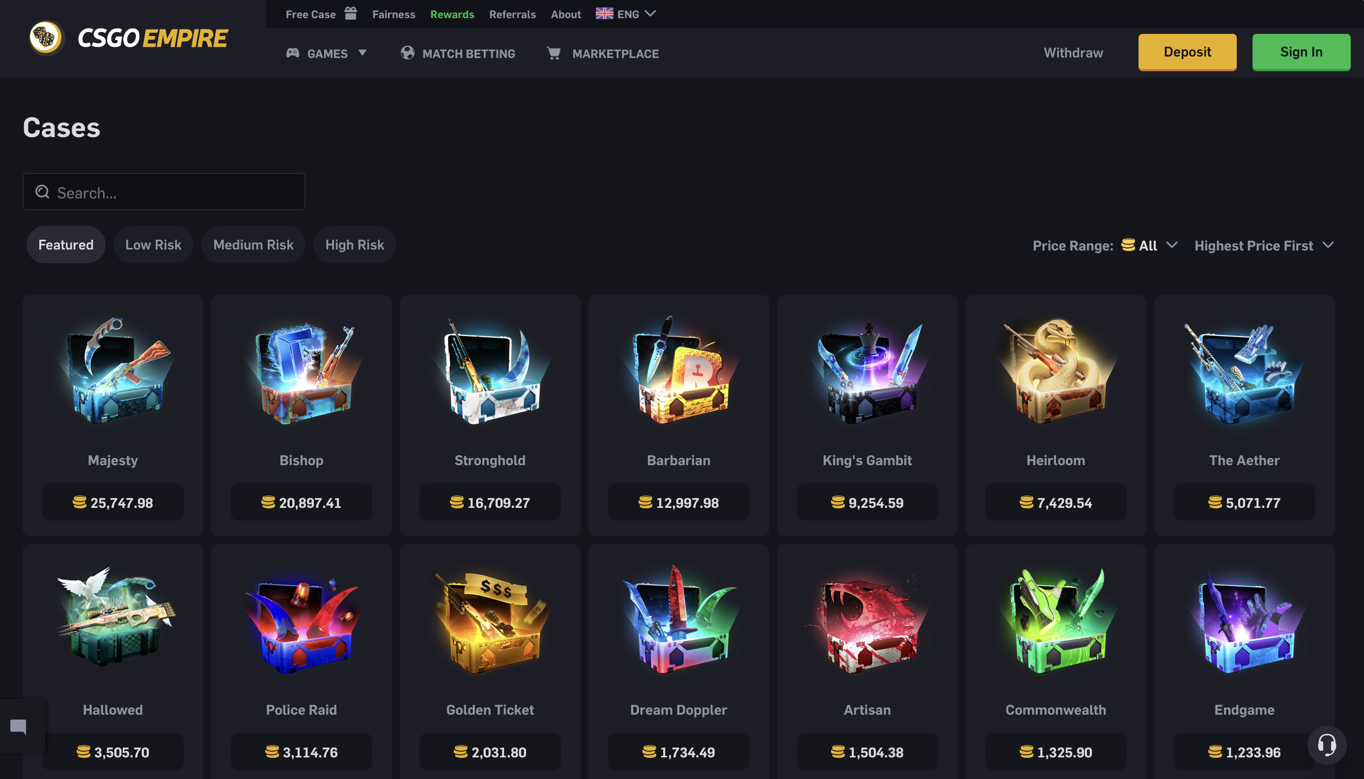 CSGOEmpire dėžučių puslapis